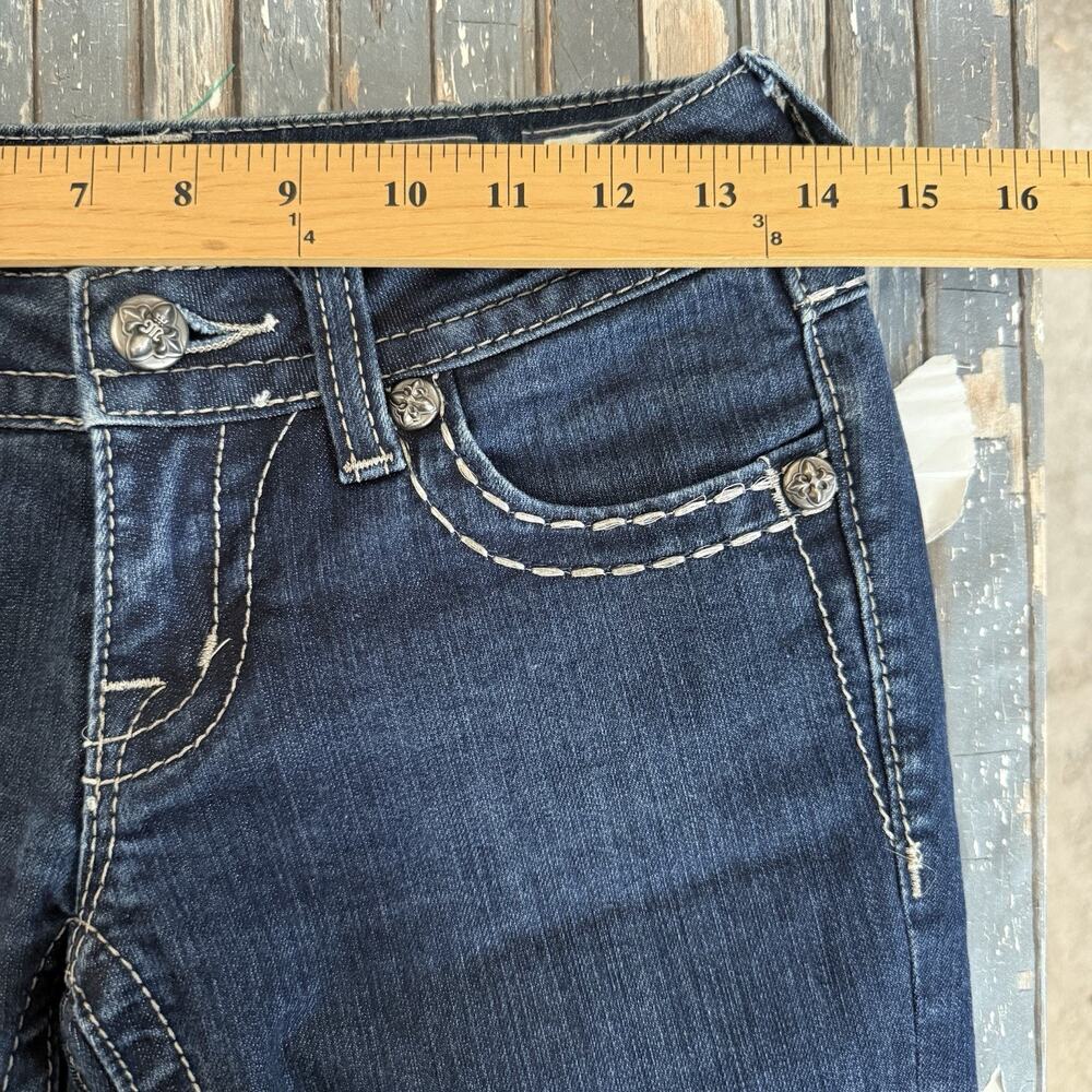 Miss Me Women's Dark Wash Low Rise Size 25 Straight Cut Flap Pocket Jeans Bling - Picture 7 of 13